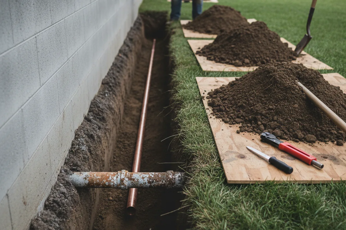 Excavated water line trench during Water Softener Installation in Tamassee